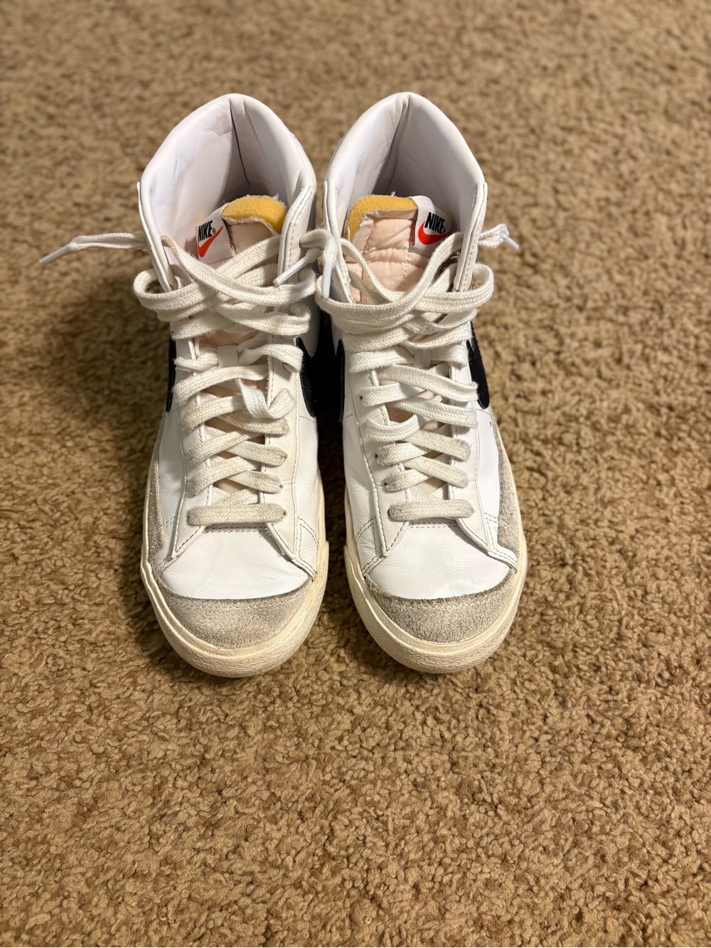 Nike women’s White High-Top Sneakers with Black Swoosh and Beige Suede Toe